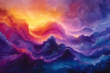 Ethereal Watercolor Landscape of Fantastical Mountainous Realms Brimming with Cosmic Energy and Ethereal Beauty - obrazy, fototapety, plakaty