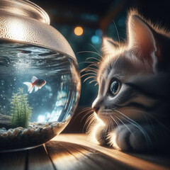 Small cute kitten sits and stares at fish in glass bowl
 - obrazy, fototapety, plakaty