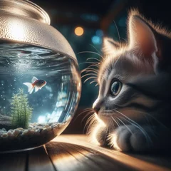 Fotobehang Small cute kitten sits and stares at fish in glass bowl  © robfolio