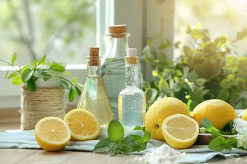 Sunlit kitchen with fresh lemons, mint, and two bottles, suggesting a healthy lifestyle.