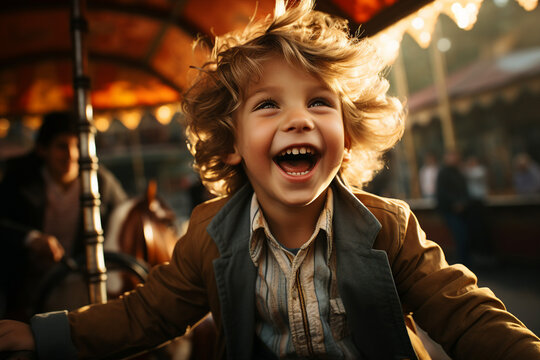 Funny and cute child swinging on carousel weekend family fair Generative AI picture