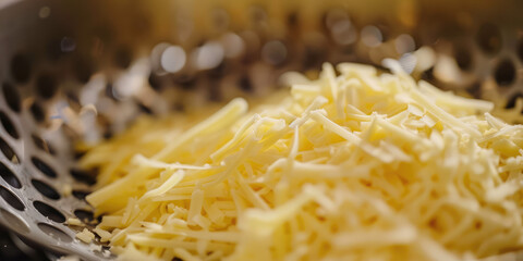 Freshly Grated Cheese Pile. Vibrant cheese freshly grated against a metal hand grater, copy space.
