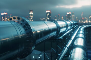 Intricate Industrial Pipelines Traversing the Vibrant Cityscape at Nightfall