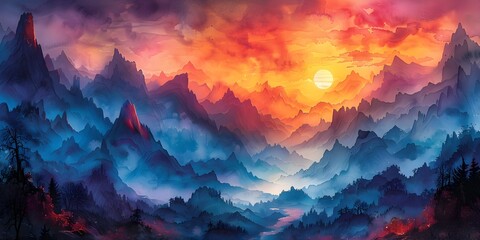 Magical Mountainous Landscape Materializing in Vibrant Watercolor Composition - obrazy, fototapety, plakaty