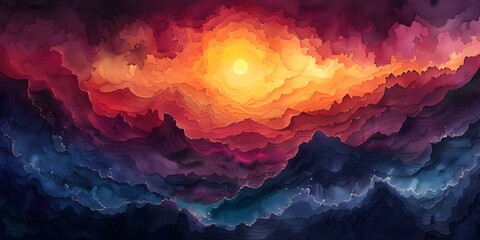 Magnificent Chromatic Celestial Landscape Painting Depicting a Fantastical Mountainous Dreamworld - obrazy, fototapety, plakaty