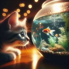 Small cute kitten sits and stares at fish in glass bowl
 - obrazy, fototapety, plakaty