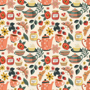Seamless tea pot and jam pattern. Summer garden party print, Cosy trendy style tea party background. Tea pots, cups, flowers, butterflies, strawberry, jam jars, cup cakes. 