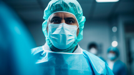 a man wearing a surgical mask and a blue cap