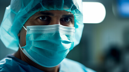 a man wearing a surgical mask and a blue cap