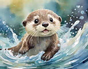 baby otter, Cute illustrations of baby animals splashing in the water, nursery art, picture book art, watercolors, smile