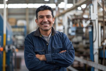 man is smiling in an industrial factory