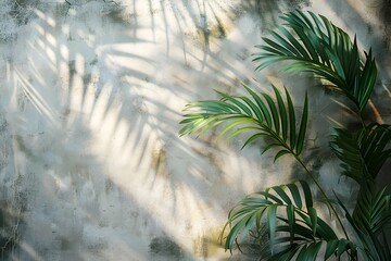 Tranquil Tropical Foliage Shadows Cascading on Soft Concrete Backdrop - obrazy, fototapety, plakaty