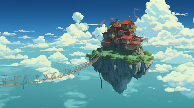 Fototapeta Serenely Floating Island with Traditional Asian Architecture in a Dreamy Sky
