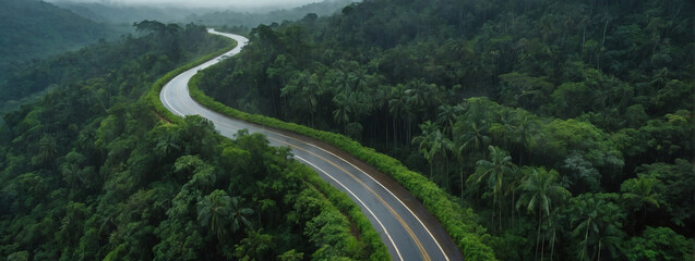 Aerial perspective of a picturesque curved road weaving through verdant rain-drenched forests, showcasing the serene beauty of nature's embrace during the rainy season. - obrazy, fototapety, plakaty