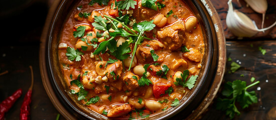  a close-up of a savory peanut stew, garnished with fresh cilantro, featuring chunks of meat, tomatoes, and peanuts in a rich sauce. - obrazy, fototapety, plakaty