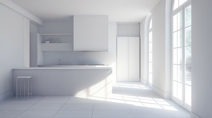 Fototapeta na wymiar A Modern White Kitchen With White Cabinets And Countertops.