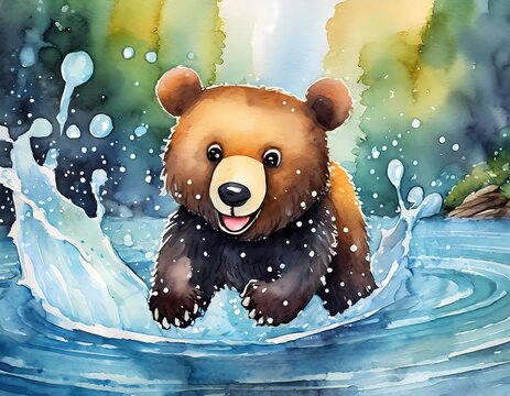 baby bear, Cute illustrations of baby animals splashing in the water, nursery art, picture book art, watercolors