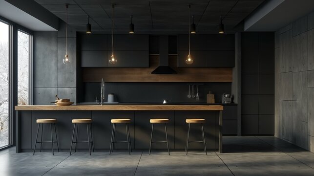 lack Kitchen With Wooden Stools Background