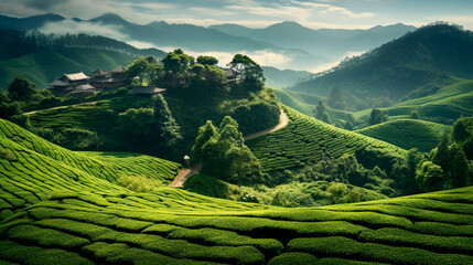 a tea plantation in the mountains with a house in the distance