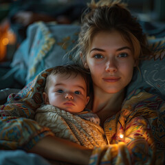 Mujer joven con su niño pequeño en brazos, los dos sentados en la cama, posados en cojines, y abrigados con las mantas, mirando al frente, luces tenues con punto de luz para enfatizar la escena, amor - obrazy, fototapety, plakaty