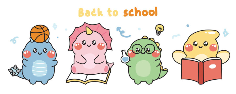 Set of cute dinosaur in back to school concept.Student and teacher.Study at the school.Sport,book,science,reading hand drawn.Cartoon animal.Kawaii.Vector.Illustration.
