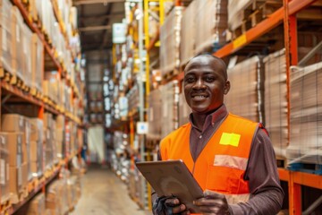 warehouse worker holding tablet in a warehouse
