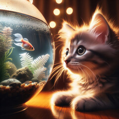 Small cute kitten sits and stares at fish in glass bowl
