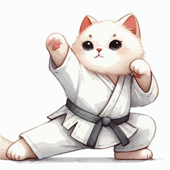 watercolor illustration of cat in kimono training karate and taekwondo
