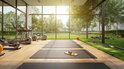 A Gym With A Scenery of A Park. 