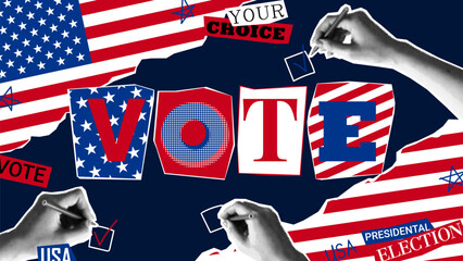 Collage for 2024 presidential election. Vector banner with USA flags and halftone hands tick voting form. Collage for US Election 2024 campaign. Vote day, November 5.
