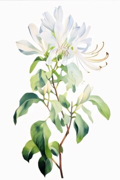 Drawn, painted white lily flower on isolated white background. Flowering flowers, a symbol of spring, new life.