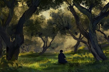 person sitting in a grove and looking at trees
