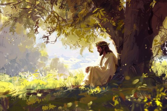 jesus sitting alone in the bush by a tree