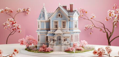 In a whimsical setting, a 3D miniature house takes center stage against a backdrop of rosy pink, its intricate design and delicate features captivating the viewer's attention