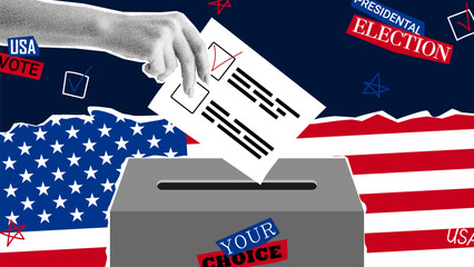 Presidential election promo collage. Vector banner with USA flags and halftone hand putting ballot in voting box. Collage for US Election 2024 campaign. Vote day, November 5.