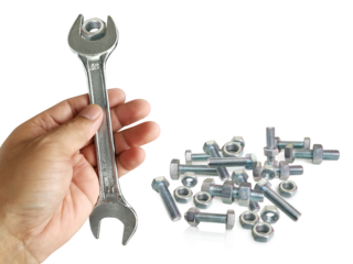 chrome spanner with nut and bolt, transparent background