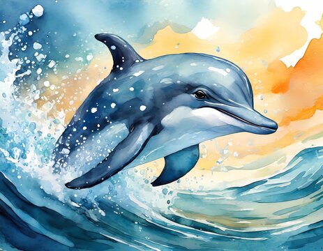 dolphin,Cute illustrations of baby animals splashing in the water, nursery art, picture book art, watercolors