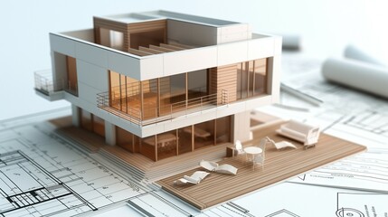 A House Model With House Plan Blueprint.