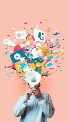 A Woman with megaphone with a blank speech wording and social network icons. The Power Of Words In Marketing Promotion Concept.