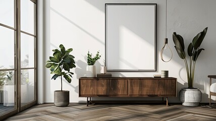 a Scandi home interior captured in a realistic photograph, featuring a blank horizontal art mock-up, curated for architectural digest with precision.