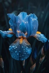 Blue flowers, petals with drops of rain, water, dew on a dark background. Flowering flowers, a symbol of spring, new life.