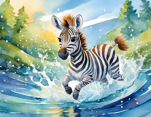 zebra, Cute illustrations of baby animals splashing in the water, nursery art, picture book art, watercolors - Powered by Adobe