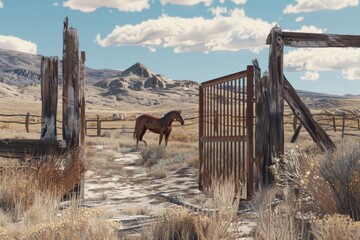 old wooden gate with a horse standing in the middle of it