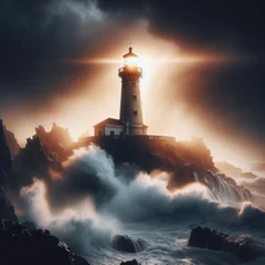 Rolgordijnen A dramatic photo showcases a lone lighthouse against a stormy coastal backdrop.  © robfolio