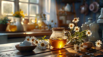 still life with tea and flowers - obrazy, fototapety, plakaty