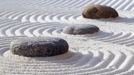 Fototapeta na wymiar Zen Garden Rocks on Raked Sand Showcasing Serenity and Mindfulness