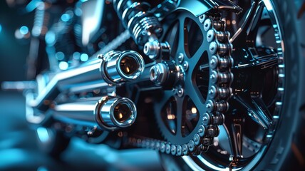 Intricate motorcycle chain and sprocket mechanism in a dynamic close-up view - obrazy, fototapety, plakaty