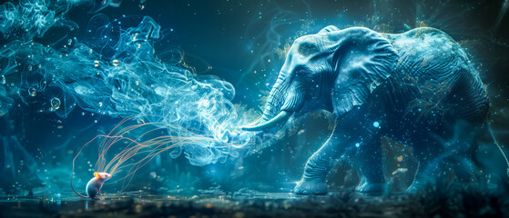 An elephant and mouse, rendered in a cosmic light, share a magical moment. - obrazy, fototapety, plakaty