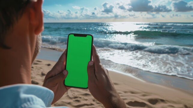 Hand Holding Smartphone with Green Screen on Tropical Beach Backdrop - Ideal for App Mock-ups and Digital Lifestyle
