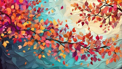 Illustration background of a colorful tree with leaves dangling from the branches. wallpaper with abstraction. multicolored leaves on a flowering tree
